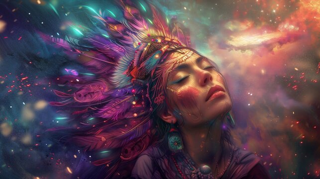 Young female shaman connected to higher self, cosmos, universe. Concept of being whole, self aware, full of gratitude for life. Being one. Feather crown, colorful illustration. Card banner. Spiritual.