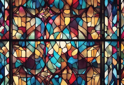 Seamless pattern background of colorful stained glass windows with vibrant color palette in church