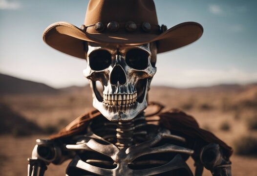 Silver skeleton cowboy with hat and desert background