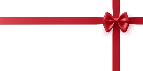 Red realistic ribbon with bow. 3D. View from above. Element for design and packaging of gifts, and goods for celebrations, birthdays. Vector