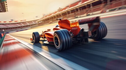 Racer on a racing car passes the track. Motion blur background. 3D rendering - obrazy, fototapety, plakaty