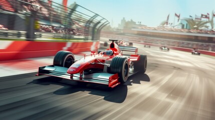 Racer on a racing car passes the track. Motion blur background. 3D rendering