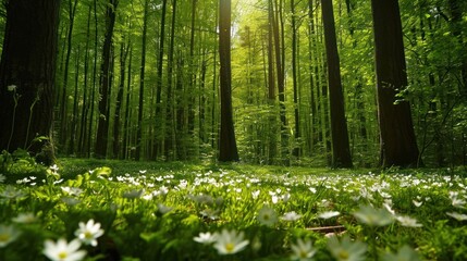 Fototapeta premium a forest filled with lots of green trees and white flowers in the middle of a lush green forest filled with lots of green trees and white flowers in the middle of the forest.