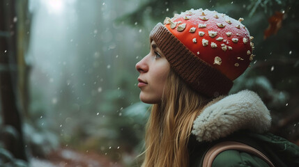 woman in a fly agaric hat
