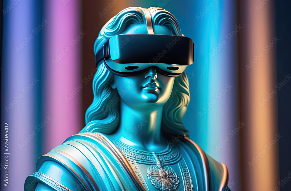 Wall mural The sculpture of antique statue wearing VR glasses, holographic reflective metallic gradient colors. Technology, Contemporary art, Virtuality, video games concept.