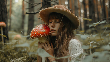 woman resting in the forest and fly agaric