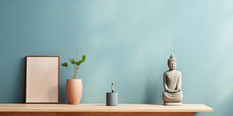 Minimalist workplace interior with wooden desk, blue vase, stylish sculpture, cup with brush, beige green stucco wall, and personal accessories.