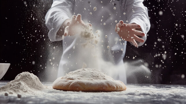 A skilled pizzaiolo in a rustic Italian kitchen is pouring toppings onto a freshly prepared pizza