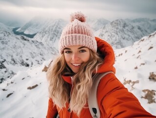 Fototapeta na wymiar Alpine Glow: A Hiker's Selfie with Snowy Mountain Backdrop