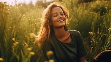 Joyful woman enjoying the golden sunlight in a field