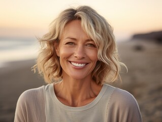 Smiling woman with beach backdrop during golden hour