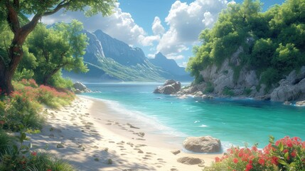  a painting of a beach with a mountain in the background and a body of water with red flowers in the foreground.