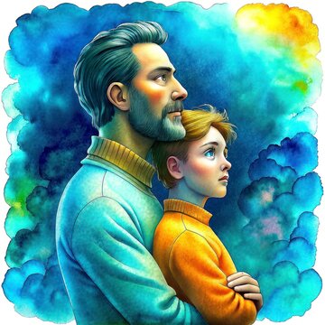 Father's Day illustration, father and son looking anxiously at the sky, watercolor style, template for design
