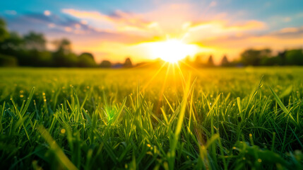 serene landscape basks in the green hues of nature as the sun sets, casting a warm sunlight over the field, encapsulating the essence of a peaceful outdoor dusk