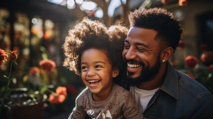 Heartwarming Laughter in a Flower Shop. Father and daughter - obrazy, fototapety, plakaty