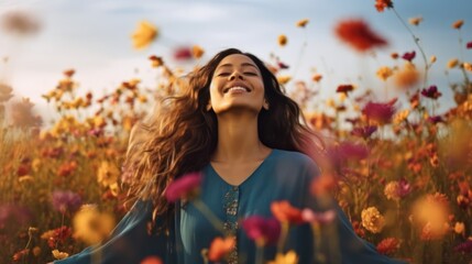 Euphoric Woman Amidst Vibrant Wildflowers