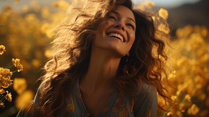 Joyous Woman in a Sunlit Yellow Flower Field