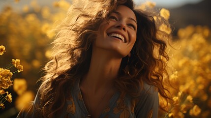 Fototapeta premium Joyous Woman in a Sunlit Yellow Flower Field