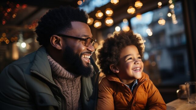 Father and son enjoying time together with lights