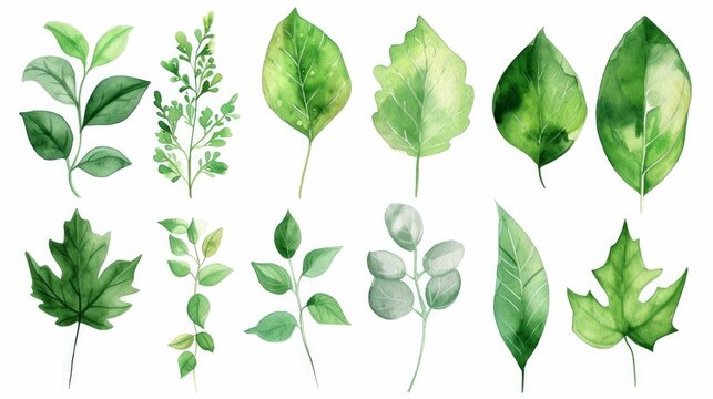 Set of watercolor green leaves elements. Collection botanical vector isolated on white background suitable for Wedding Invitation, save the date, thank you, or greeting card