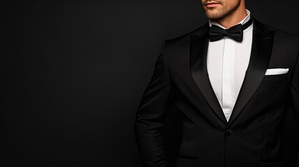 Cropped image of a man wearing a stylish black tuxedo