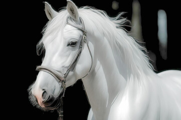 Portrait of a white horse on a blurred background
