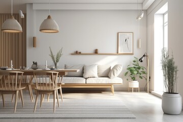 Interior Scene and Mockup, White Corner Wall Between Living and Dining