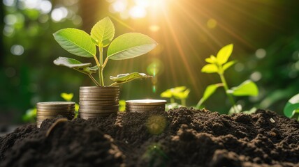 A concept image showing coins and plant leaves, symbolizing financial growth - obrazy, fototapety, plakaty