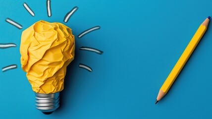 A crumpled yellow paper lightbulb with pencil on a blue background symbolizing idea generation