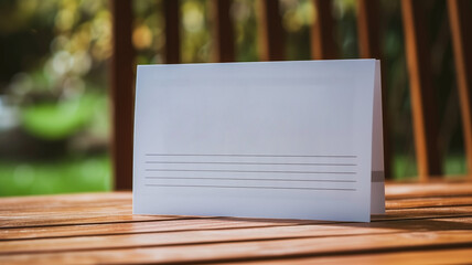 A note placed on a wooden table with a blurred natural backdrop