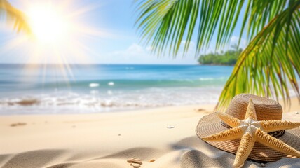 Fototapeta na wymiar A sunlit tropical beach scene with a straw hat and starfish, evoking holiday vibes