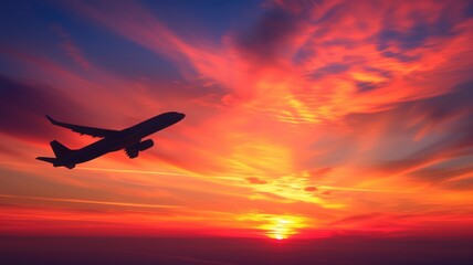 Fototapeta premium Commercial airplane ascending against a fiery sunset sky