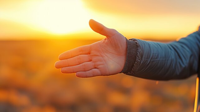 A powerful image of a human hand reaching out towards a sunset, conveying hope and aspiration