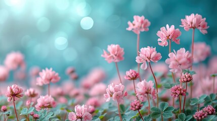 Obraz premium a field of pink flowers with green leaves on the top and bottom of the flowers is blurry in the background.