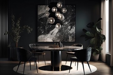 A round carpet and stone floor can be found in a contemporary dining room that is gloomy and has an illuminated horizontal poster above a table with black chairs and pampas grass