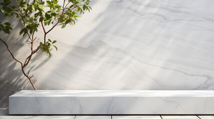 White marble table with tree shadow on concrete wall