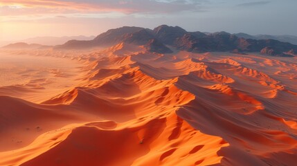  an aerial view of a desert landscape with sand dunes and mountains in the distance with a sunset in the background.
