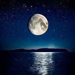 Fototapeta na wymiar Beautiful landscape: moonlit night over the ocean. The big moon is among the stars and clouds, its light is reflected among the sea waves.