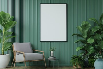 Frame Mockup in ISO A Paper Size, Living Room Wall Poster Mockup, 3D Render of Modern Interior Design