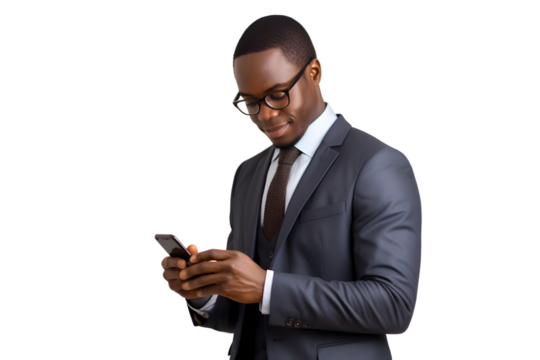 african businessman in suit browsing on mobile phone isolated on transparent background