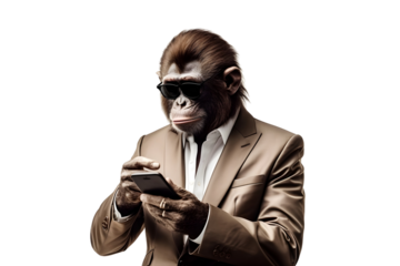 monkey businessman in suit use mobile phone isolated on transparent background