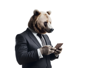 bear businessman in suit use mobile phone isolated on transparent background