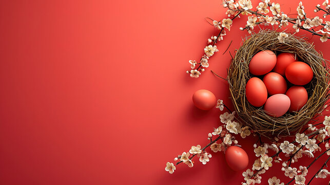 light red easter background, with minimalistic Easter eggs on, with empty copy space