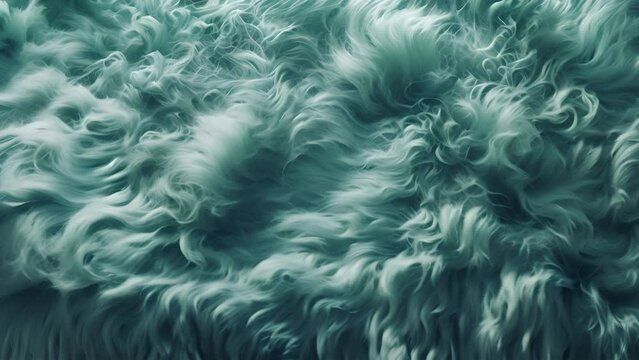 Blue fur texture top view. Turquoise fluffy fabric coat background. Winter fashion aqua marine color effect. trend.Abstract textile surface 4k mp4. moving