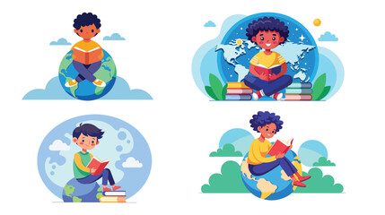 Obraz premium Four Children Sitting on a Globe and Reading Books