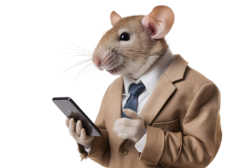 mouse businessman in suit use mobile phone isolated on transparent background