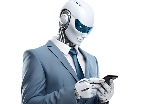robot businessman in suit use mobile phone isolated on transparent background