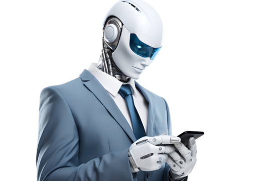 robot businessman in suit use mobile phone isolated on transparent background