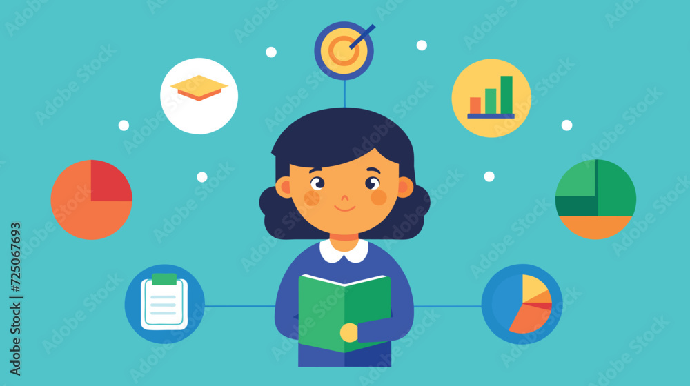 Poster woman analyzing data with charts and graphs in vector illustration