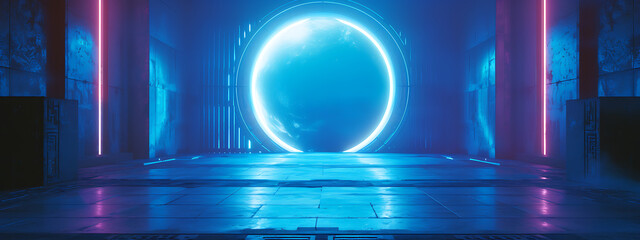 a big circular door way is in bright blue light in th